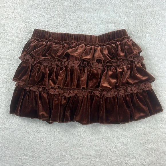 Cider chocolate brown velvet and lace tiered ruffle mini skirt skort, med NWT - Picture 2 of 8